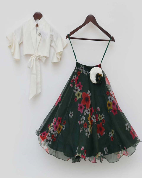 Pre-Order: Green Printed Organza Lehenga with Tie Knotted Top