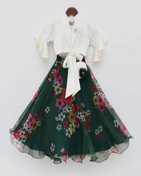 Pre-Order: Green Printed Organza Lehenga with Tie Knotted Top