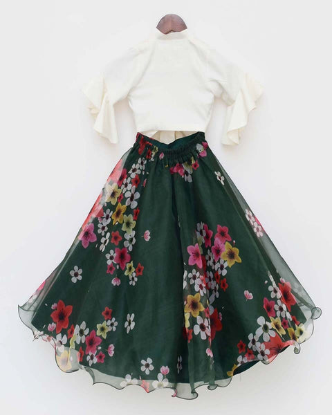 Pre-Order: Green Printed Organza Lehenga with Tie Knotted Top