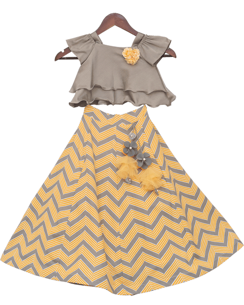 Pre-Order: Grey Top with Yellow & Grey Lehenga