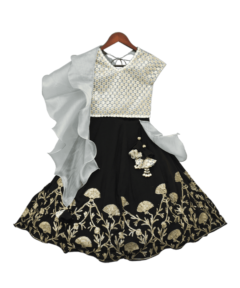 Pre-Order: Grey Embroidery Choli with Black Gota Lehenga