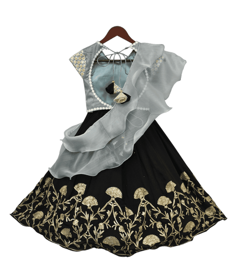 Pre-Order: Grey Embroidery Choli with Black Gota Lehenga