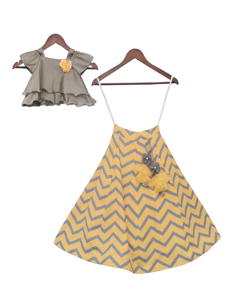 Pre-Order: Grey Top with Yellow & Grey Lehenga