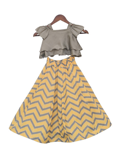 Pre-Order: Grey Top with Yellow & Grey Lehenga