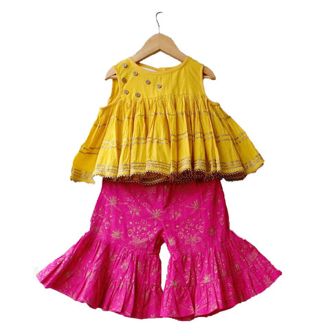 Mustard Crinkled Cotton Top with Pink Printed Sharara