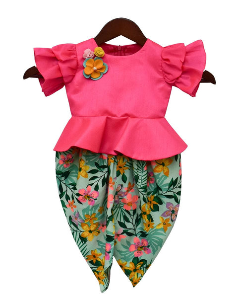 Pre-Order: Hot Pink Peplum Top with Printed Dhoti