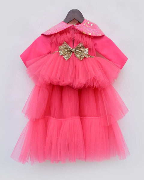 Pre-Order: Hot Pink High Low gown with Sequined Cape