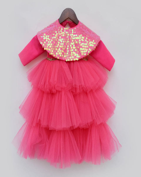Pre-Order: Hot Pink High Low gown with Sequined Cape