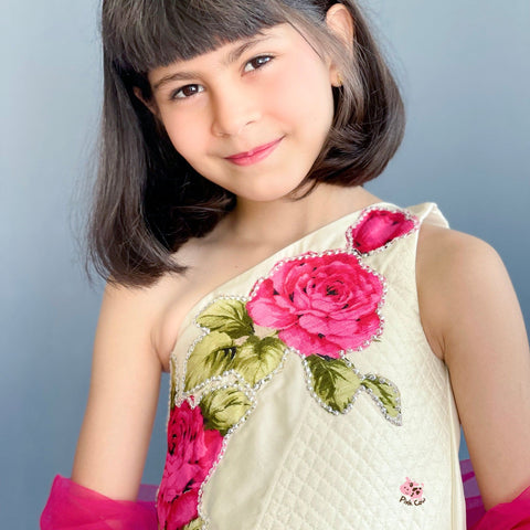 Pre-Order: One shoulder choli with hand embroidered rose appliqué with Lehenga and Dupatta