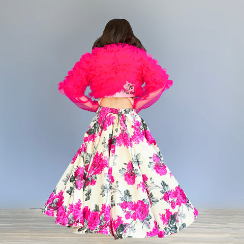 Pre-Order: Ruffled shrug with printed skirt and top