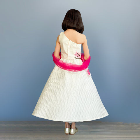 Pre-Order: One shoulder choli with hand embroidered rose appliqué with Lehenga and Dupatta