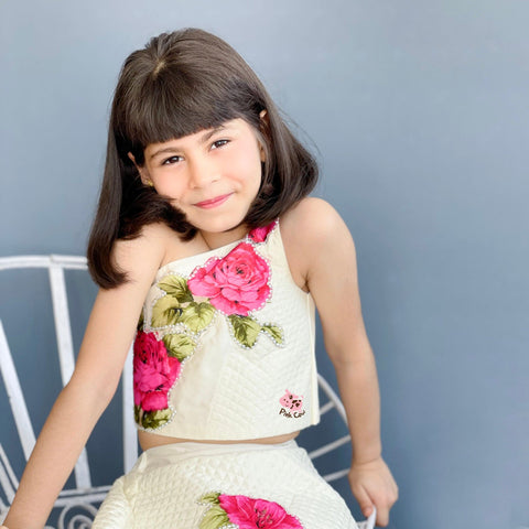 Pre-Order: One shoulder choli with hand embroidered rose appliqué with Lehenga and Dupatta