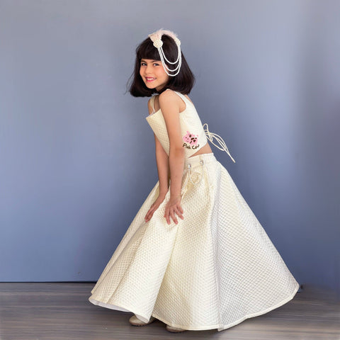 Pre-Order: Mini me Ghagra choli in quilted cream silk