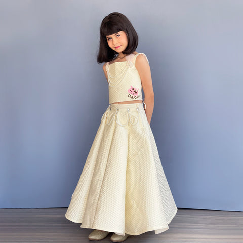 Pre-Order: Mini me Ghagra choli in quilted cream silk