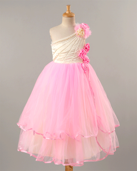 Pre-Order: Satin with Net flared dress with Flower appliques-Pink