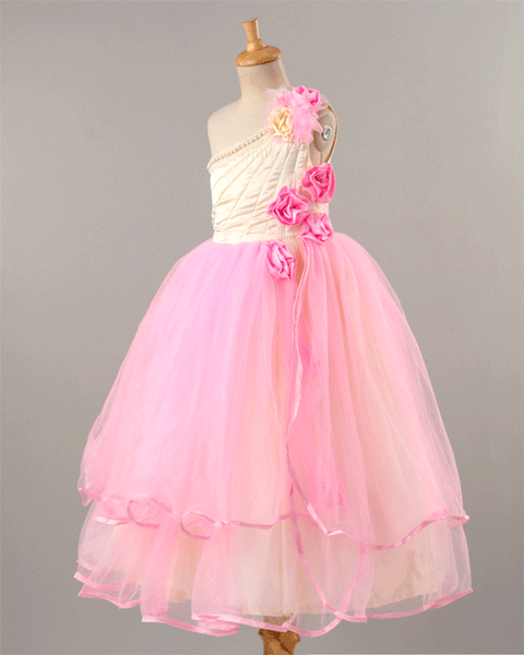 Pre-Order: Satin with Net flared dress with Flower appliques-Pink