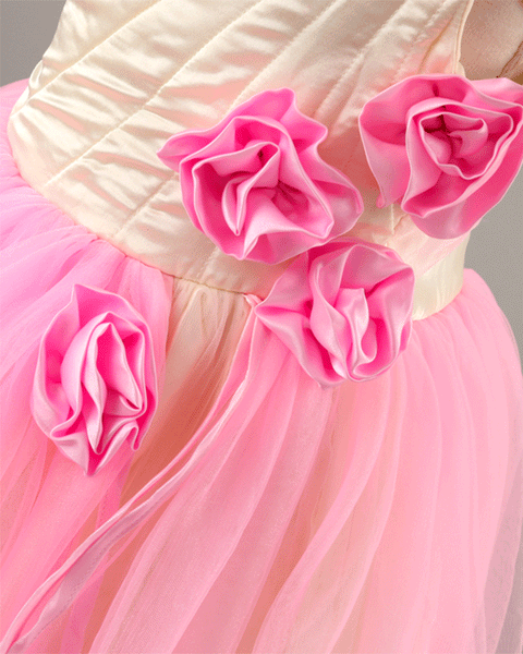 Pre-Order: Satin with Net flared dress with Flower appliques-Pink