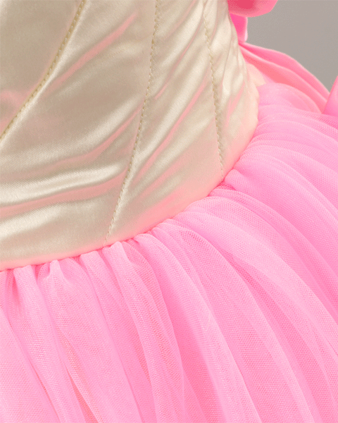 Pre-Order: Satin with Net flared dress with Flower appliques-Pink