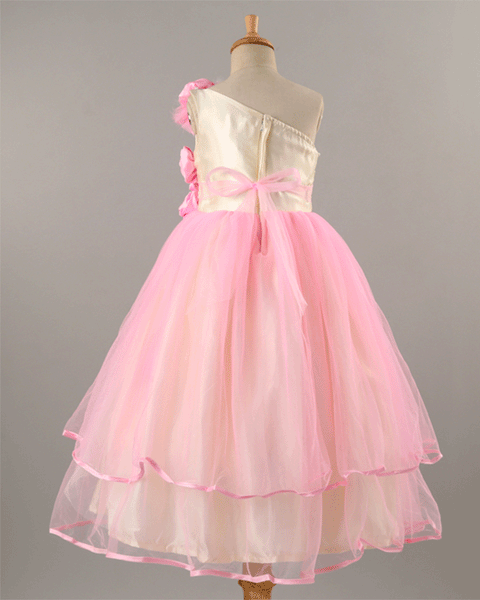 Pre-Order: Satin with Net flared dress with Flower appliques-Pink