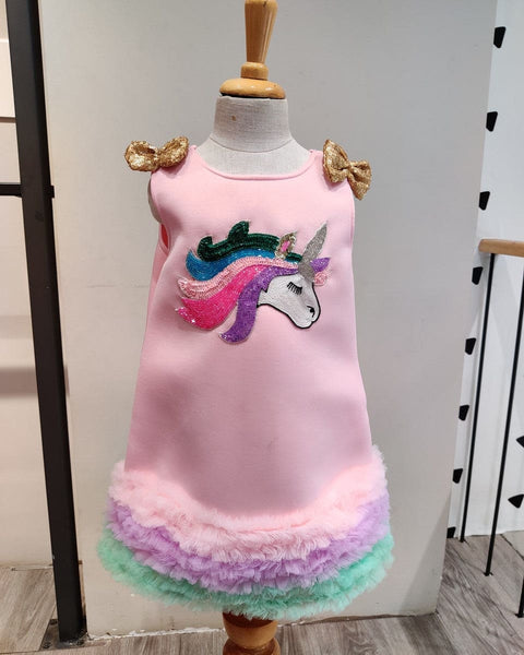 Pre-Order: Pink Scuba Dress with Unicorn Sequin work