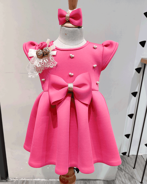 Pre-Order: Pink Neoprene Dress with Pearl Hand Embroidery