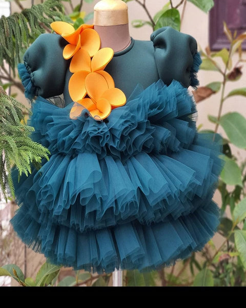 Pre-Order: Bottle green Dress with Mustard flowers