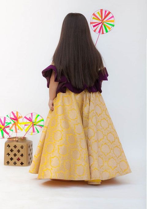 Pre-Order: Purple Velvet Peplum Choli with Yellow Brocade Lehenga