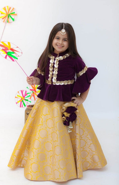 Pre-Order: Purple Velvet Peplum Choli with Yellow Brocade Lehenga