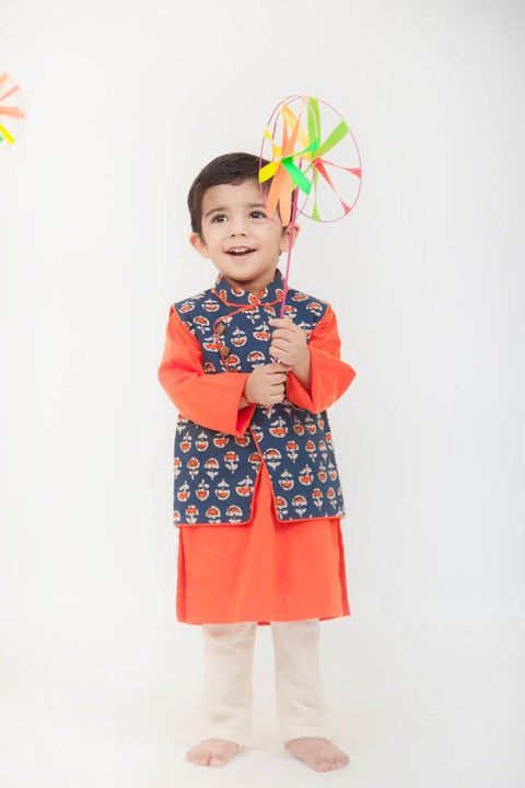Pre-Order: Orange Kurta with Blue Printed Nehru Jacket Set