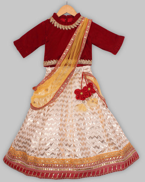 Pre-Order: Mehroon Choli with Off-White Lehenga with dupatta