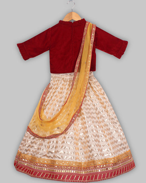 Pre-Order: Mehroon Choli with Off-White Lehenga with dupatta