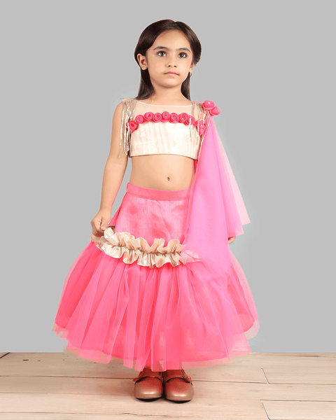 Pre-Order: Golden/Pink Ghagra Choli with frill