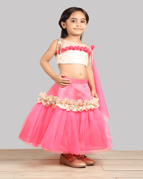 Pre-Order: Golden/Pink Ghagra Choli with frill