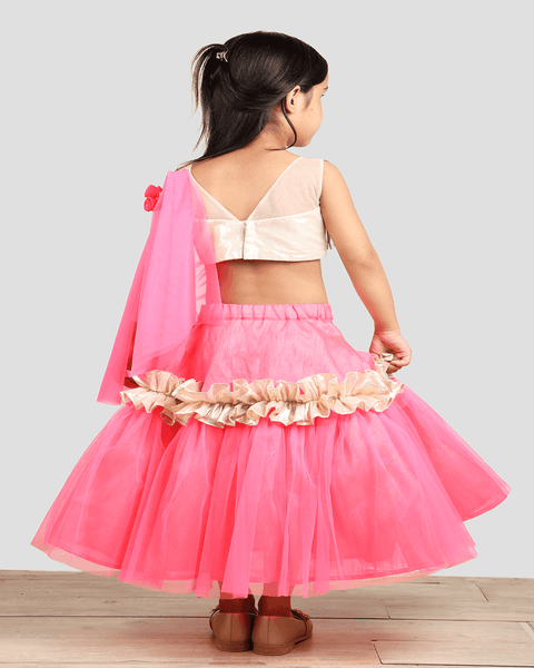 Pre-Order: Golden/Pink Ghagra Choli with frill