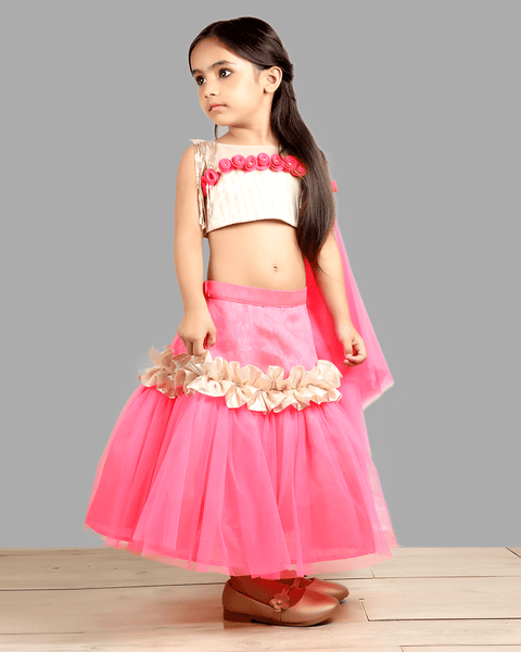 Pre-Order: Golden/Pink Ghagra Choli with frill