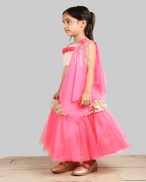 Pre-Order: Golden/Pink Ghagra Choli with frill