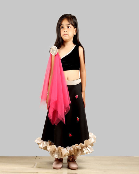 Pre-Order: Black Ghagra Choli with Pink Dupatta