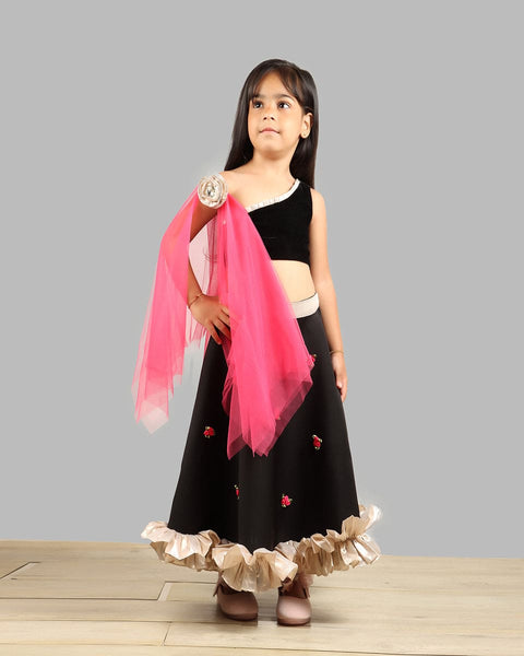 Pre-Order: Black Ghagra Choli with Pink Dupatta