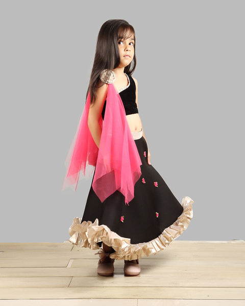 Pre-Order: Black Ghagra Choli with Pink Dupatta
