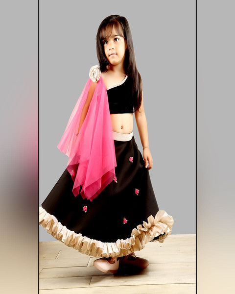 Pre-Order: Black Ghagra Choli with Pink Dupatta