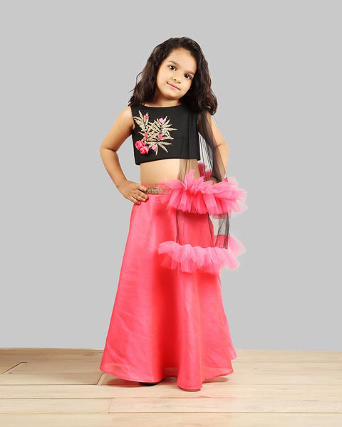 Pre-Order: Black/Pink Ghagra Choli with Frill Dupatta