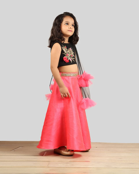 Pre-Order: Black/Pink Ghagra Choli with Frill Dupatta