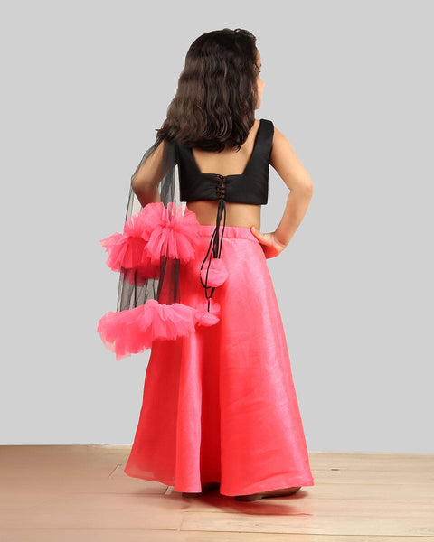 Pre-Order: Black/Pink Ghagra Choli with Frill Dupatta