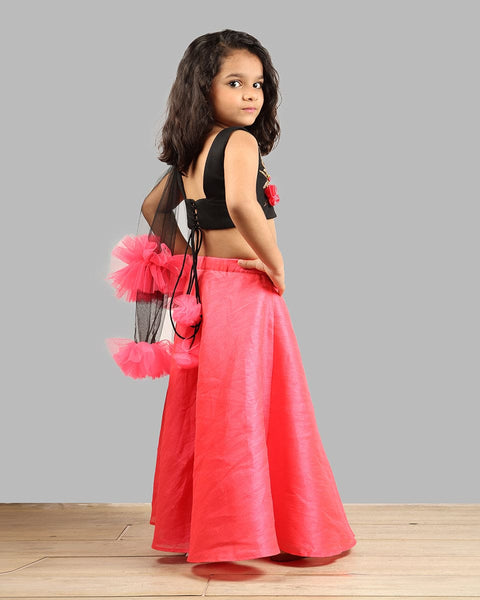 Pre-Order: Black/Pink Ghagra Choli with Frill Dupatta