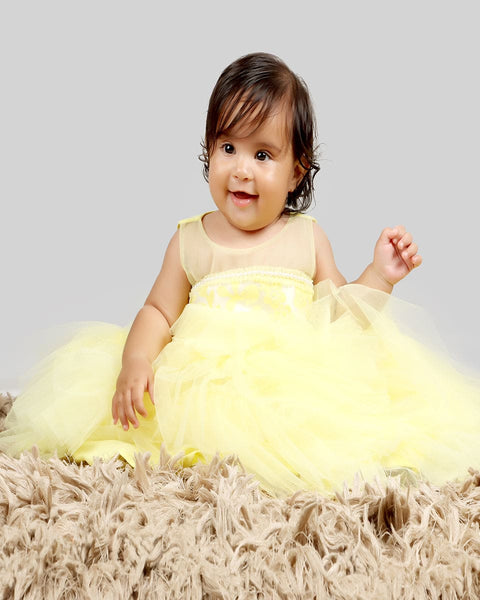Pre-Order: Yellow gown with Organza Chest and net layer ghera