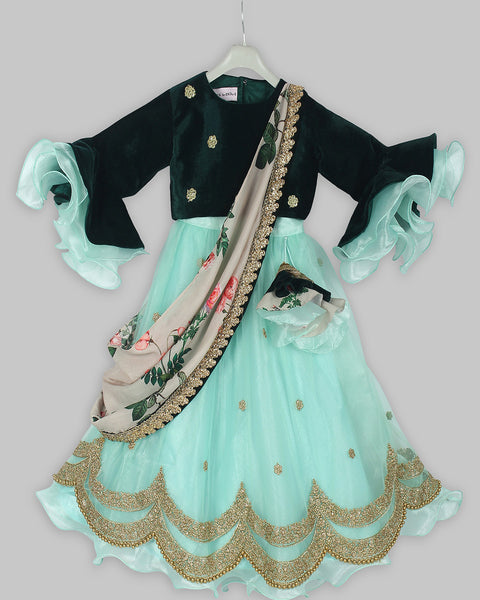 Pre-Order: Green Velvet Choli with Embroidered Lehenga Dupatta