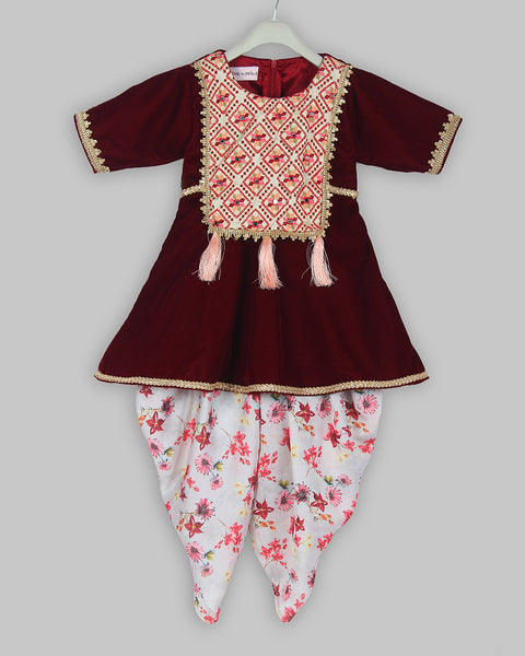 Pre-Order: Mehroon Velvet Kurti with printed Dhoti