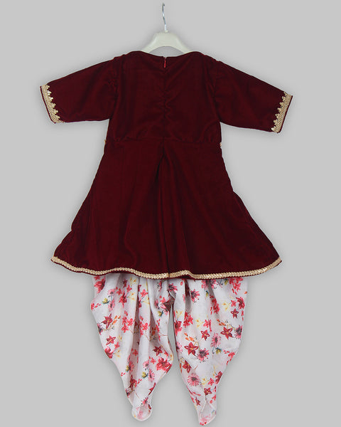 Pre-Order: Mehroon Velvet Kurti with printed Dhoti