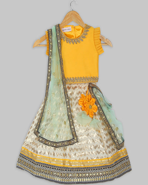 Pre-Order: Yellow Choli Off-White Lehenga with Dupatta
