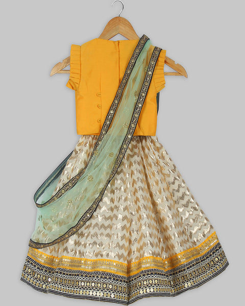 Pre-Order: Yellow Choli Off-White Lehenga with Dupatta